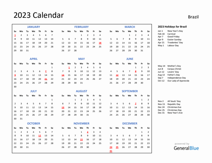 2023 Calendar with Holidays for Brazil