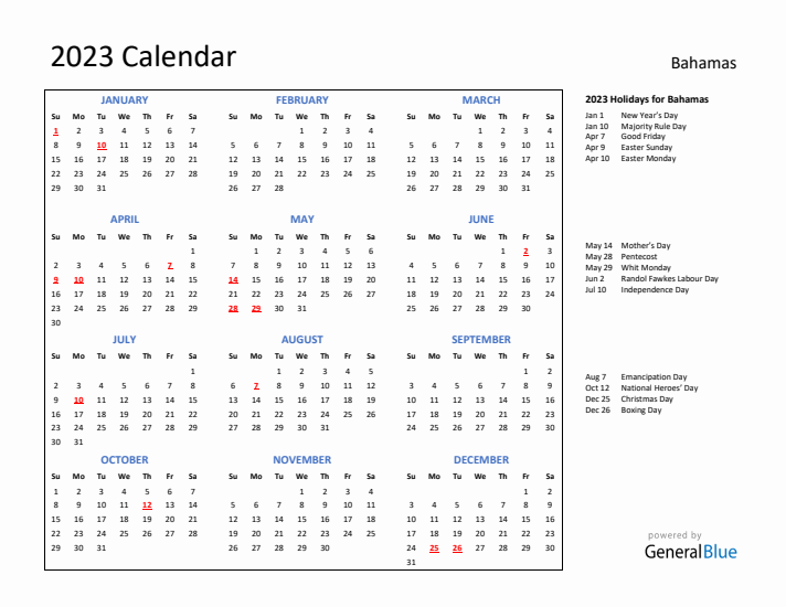 2023 Calendar with Holidays for Bahamas