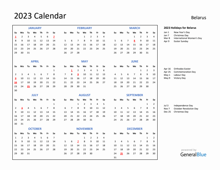 2023 Calendar with Holidays for Belarus