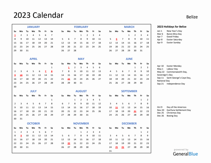 2023 Calendar with Holidays for Belize