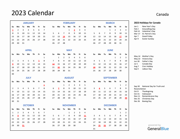 2023 Calendar with Holidays for Canada