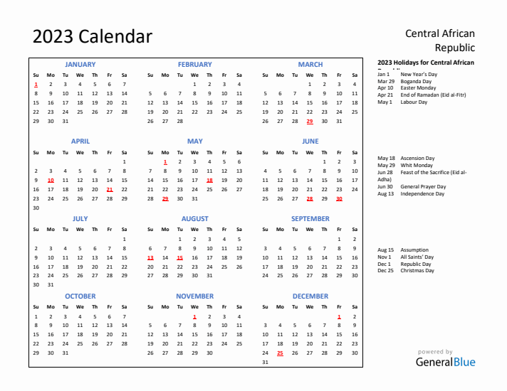 2023 Calendar with Holidays for Central African Republic