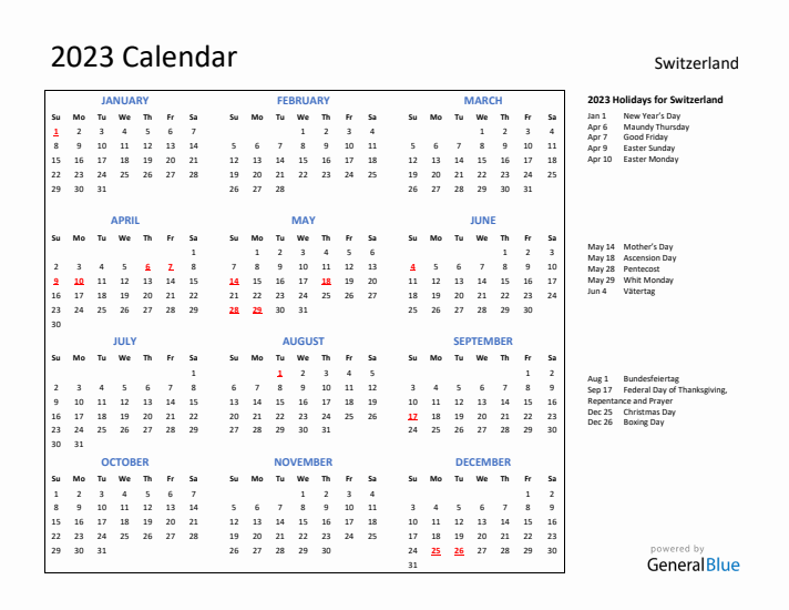 2023 Calendar with Holidays for Switzerland