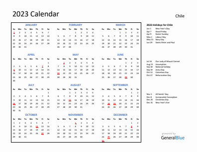 Chile current year calendar 2023 with holidays