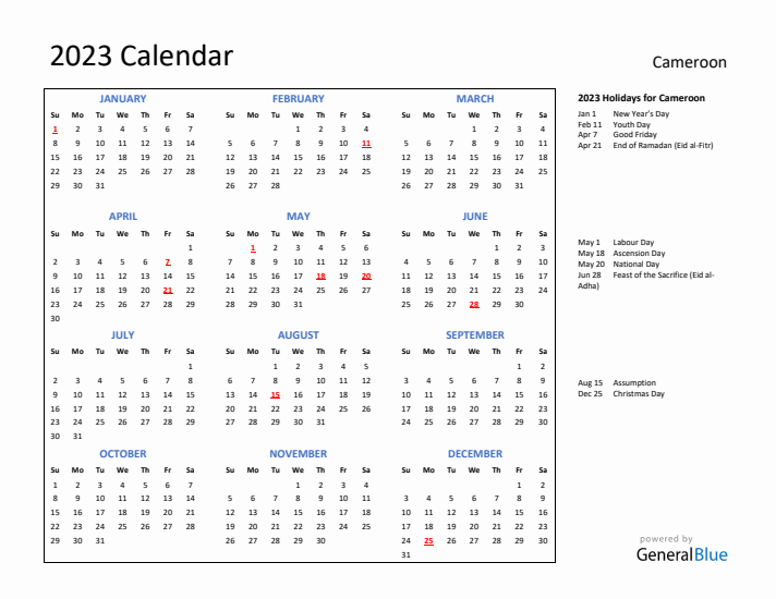 2023 Calendar with Holidays for Cameroon