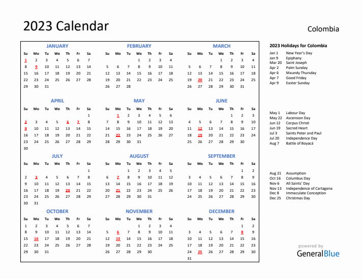 2023 Calendar with Holidays for Colombia