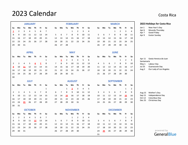 2023 Calendar with Holidays for Costa Rica