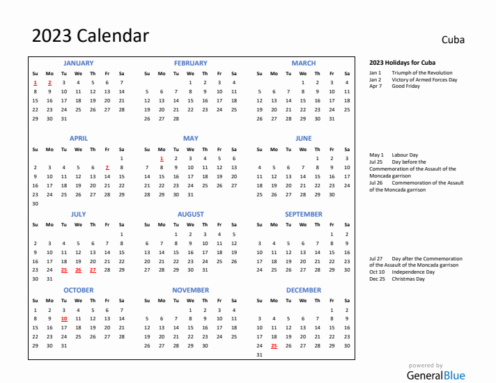 2023 Calendar with Holidays for Cuba