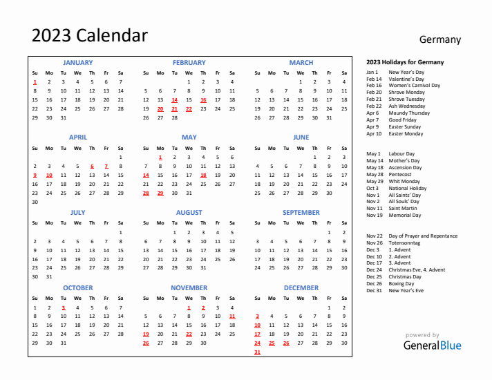 2023 Calendar with Holidays for Germany