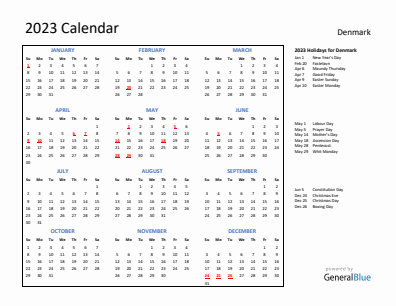 Denmark current year calendar 2023 with holidays