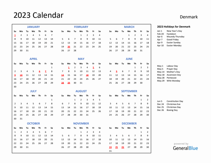 2023 Calendar with Holidays for Denmark
