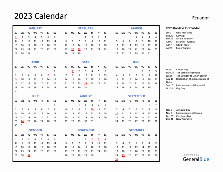 2023 Calendar with Holidays for Ecuador