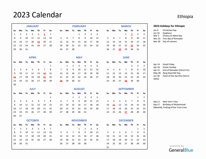 2023 Calendar with Holidays for Ethiopia