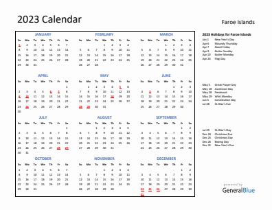 Faroe Islands current year calendar 2023 with holidays