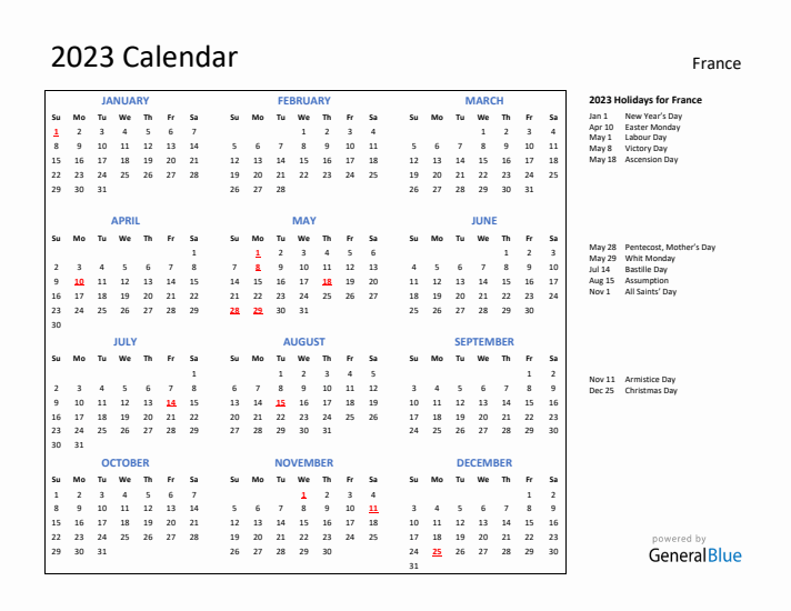2023 Calendar with Holidays for France