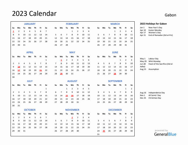 2023 Calendar with Holidays for Gabon