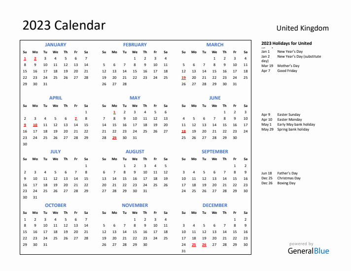 2023 Calendar with Holidays for United Kingdom
