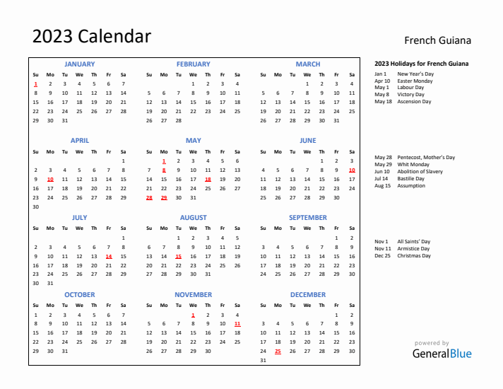 2023 Calendar with Holidays for French Guiana