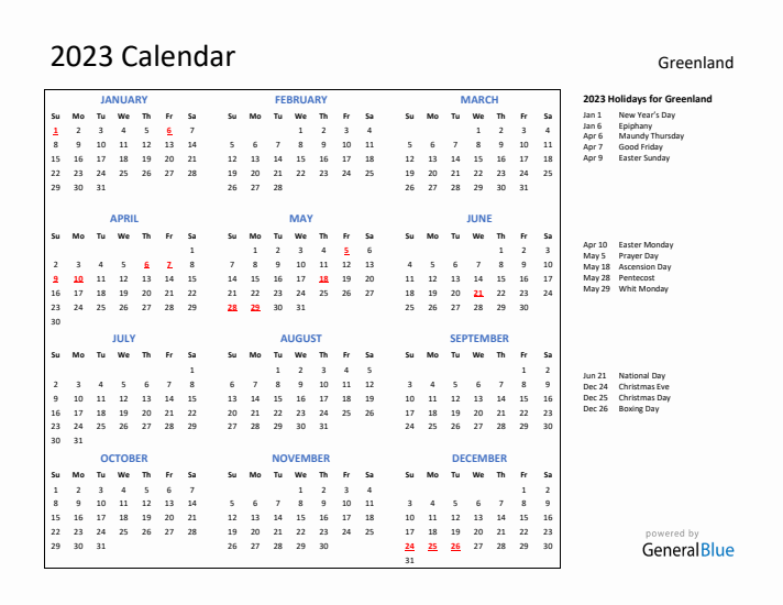 2023 Calendar with Holidays for Greenland