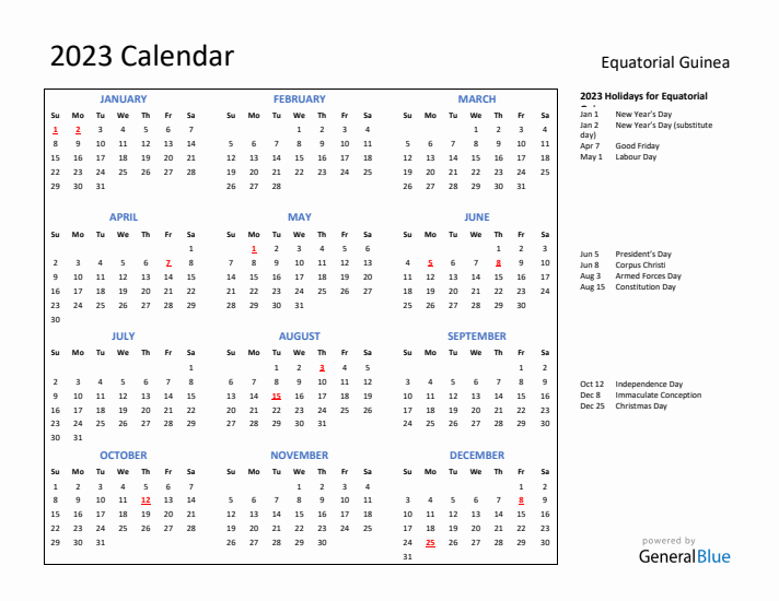 2023 Calendar with Holidays for Equatorial Guinea