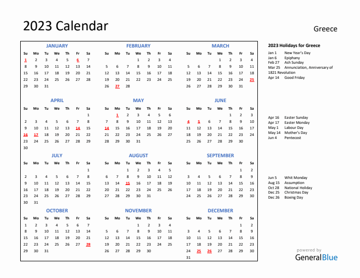 2023 Calendar with Holidays for Greece