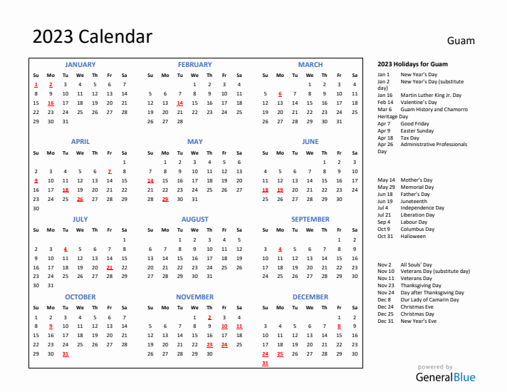 2023 Calendar with Holidays for Guam