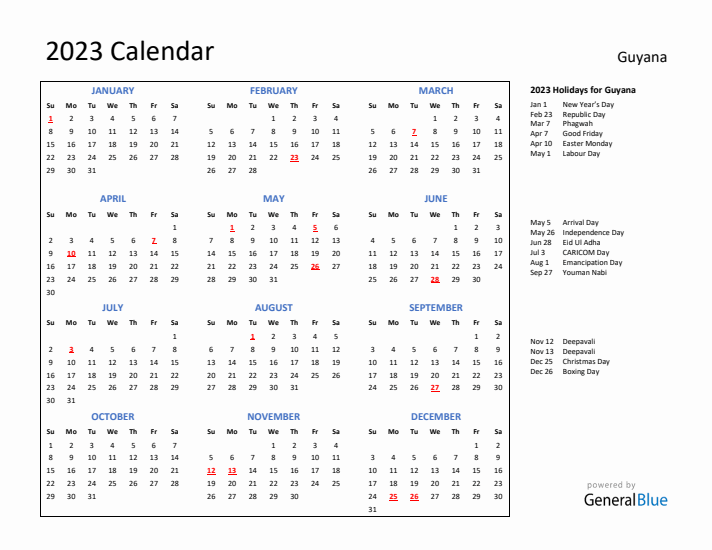 2023 Calendar with Holidays for Guyana
