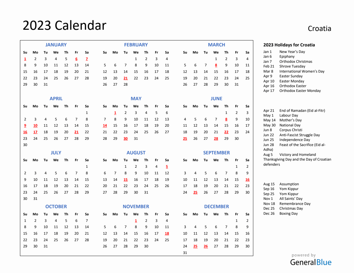 2023 Calendar With Holidays For Croatia   2023 Calendar Plain With Holidays Landscape Sunday Start En Hr 1188x918 