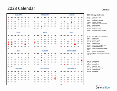 Croatia current year calendar 2023 with holidays