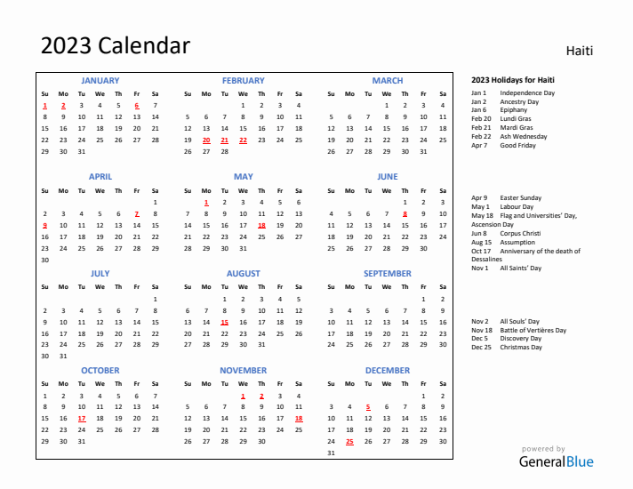 2023 Calendar with Holidays for Haiti