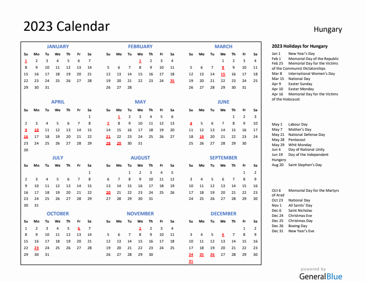 2023 Calendar with Holidays for Hungary