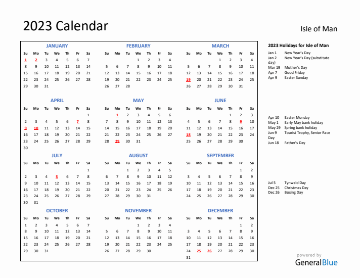 2023 Calendar with Holidays for Isle of Man