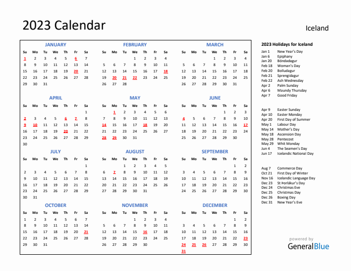2023 Calendar with Holidays for Iceland