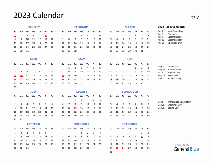 2023 Calendar with Holidays for Italy