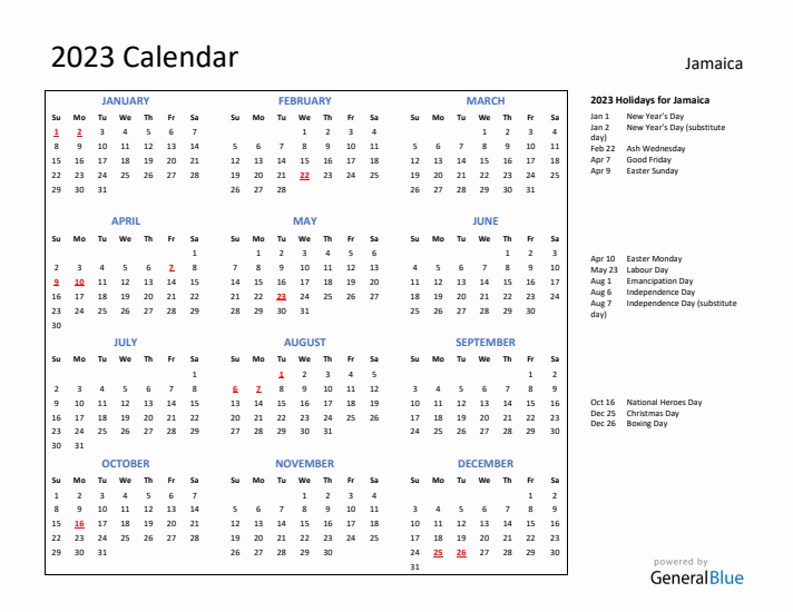 2023 Calendar with Holidays for Jamaica