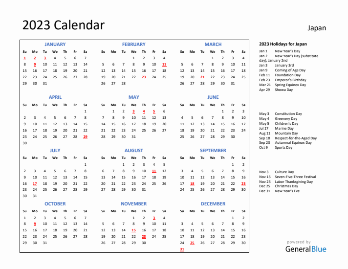 2023 Calendar with Holidays for Japan