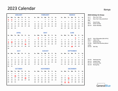 Kenya Calendars with Holidays