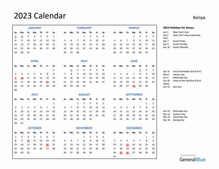 2023 Calendar with Holidays for Kenya