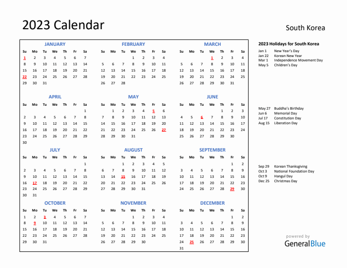 2023 Calendar with Holidays for South Korea