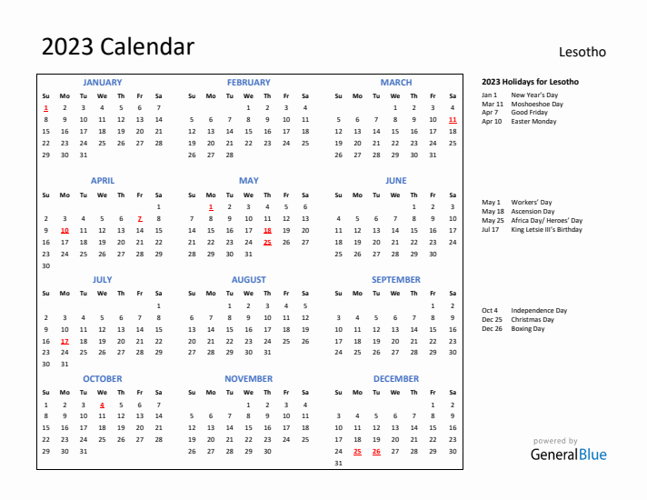 2023 Calendar with Holidays for Lesotho