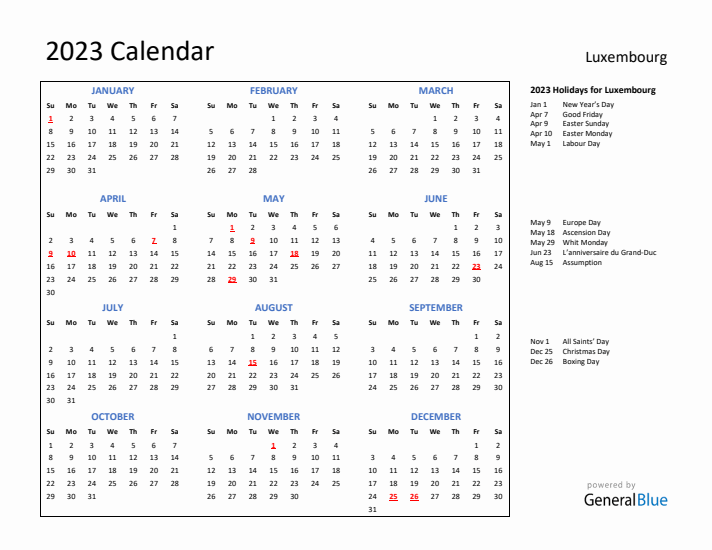 2023 Calendar with Holidays for Luxembourg