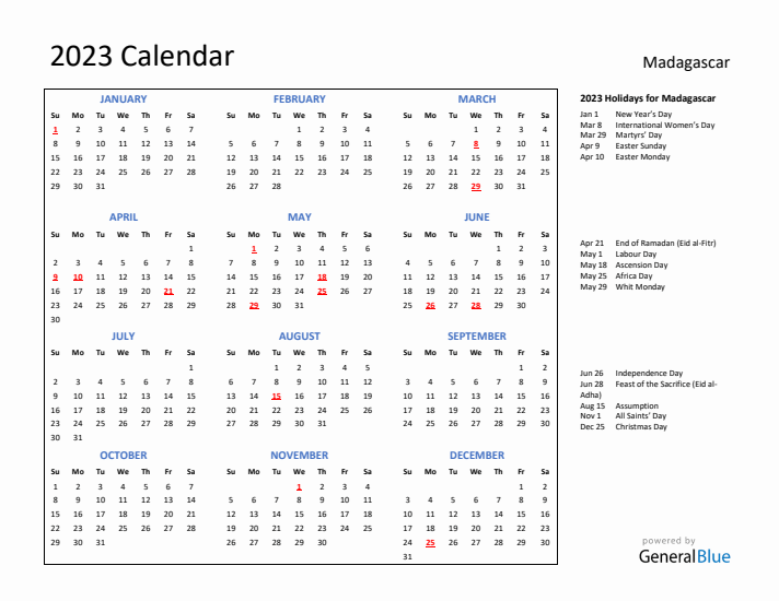 2023 Calendar with Holidays for Madagascar