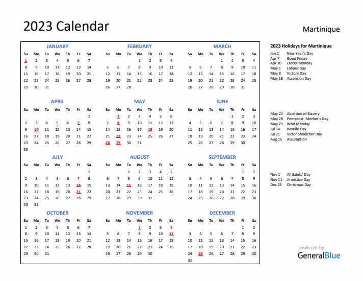2023 Calendar with Holidays for Martinique