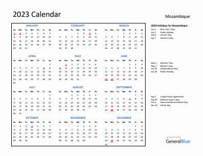 Mozambique current year calendar 2023 with holidays