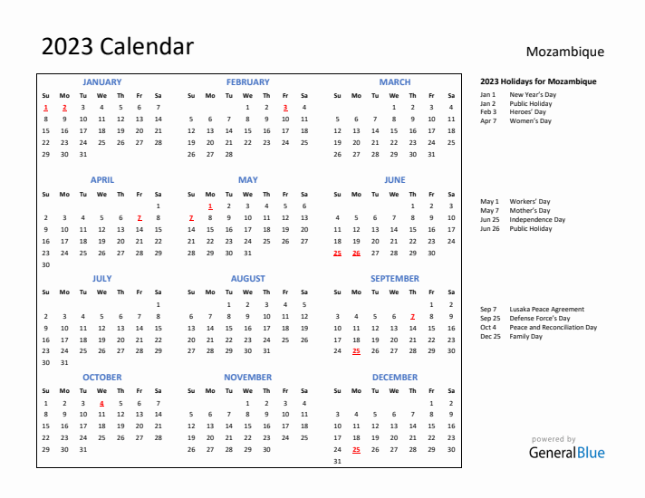 2023 Calendar with Holidays for Mozambique