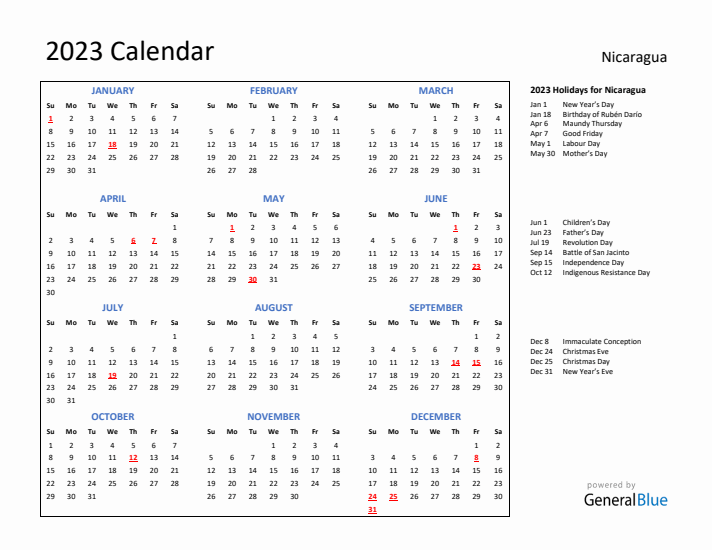 2023 Calendar with Holidays for Nicaragua