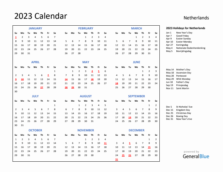 2023 Calendar Plain With Holidays Landscape Sunday Start En Nl 712x550 