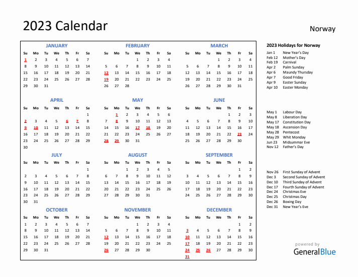 2023 Calendar with Holidays for Norway