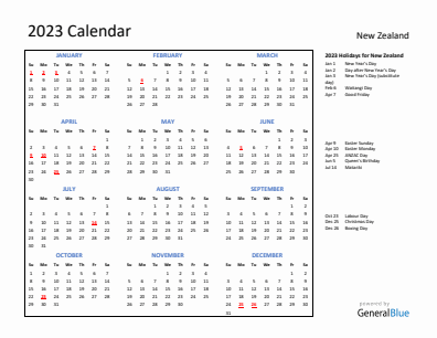 New Zealand current year calendar 2023 with holidays