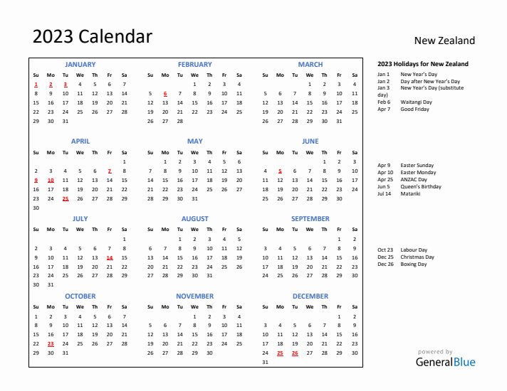 2023 Calendar with Holidays for New Zealand